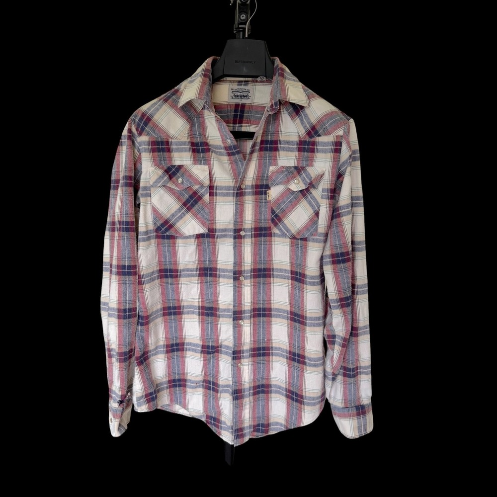 70's Levis Plaid Western Pearl Snap Flannel Shirt Red Blue Cream 60648-5127 M